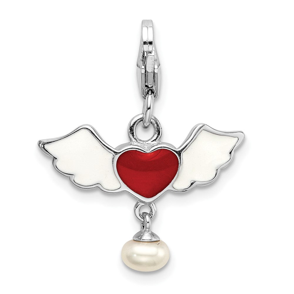 Amore La Vita Sterling Silver Rhodium-plated Polished 3-D Winged Enameled Red Heart and Freshwater Cultured Pearl Dangle C...