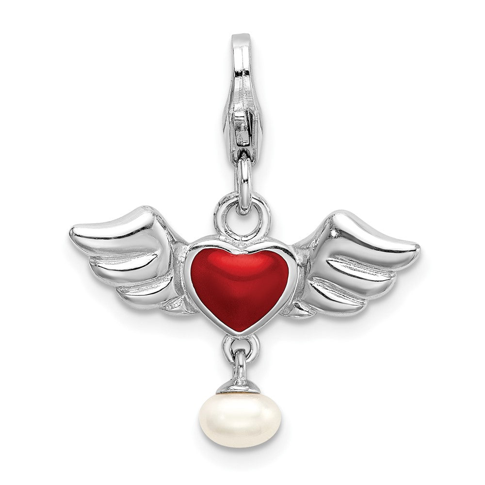 Amore La Vita Sterling Silver Rhodium-plated Polished 3-D Winged Enameled Red Heart and Freshwater Cultured Pearl Dangle C...