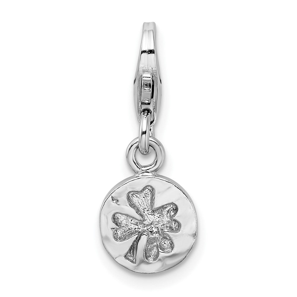 Amore La Vita Sterling Silver Rhodium-plated Polished Hammered Four Leaf Clover Charm with Fancy Lobster Clasp