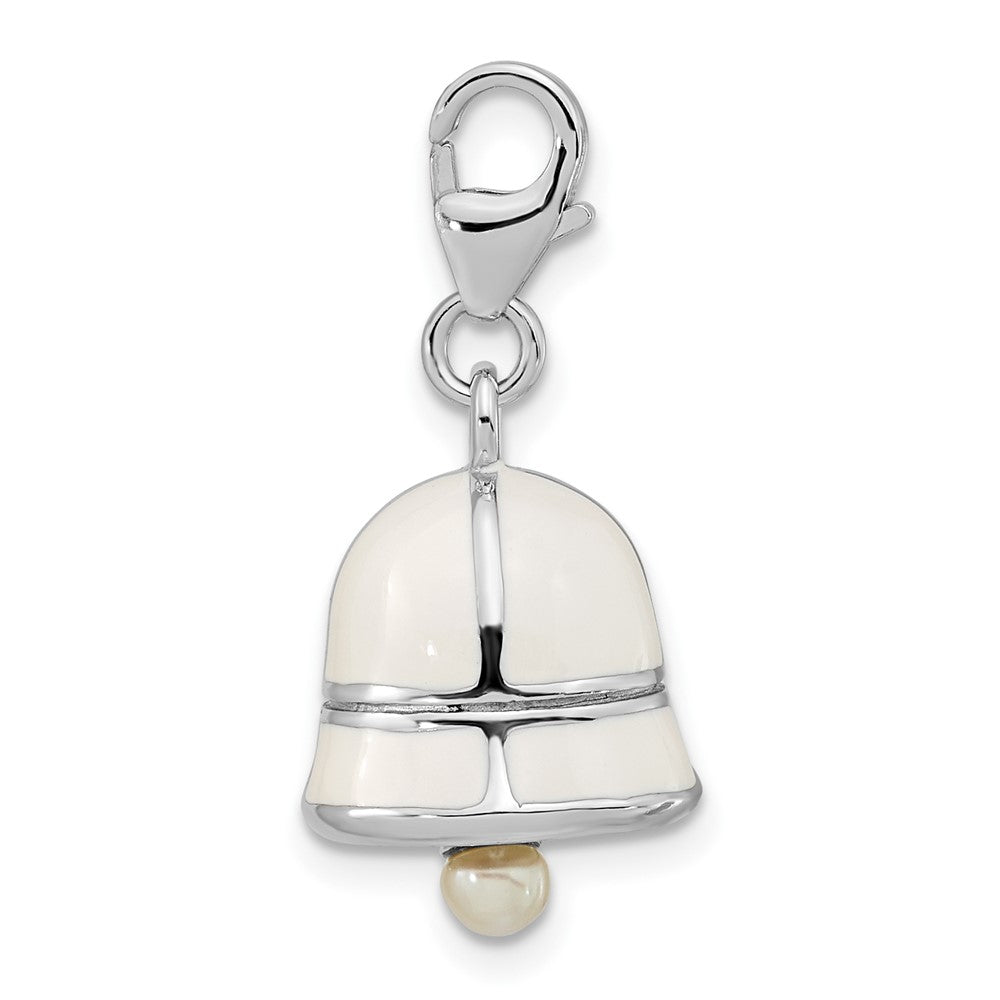 Amore La Vita Sterling Silver Rhodium-plated Polished 3-D Moveable Freshwater Cultured Pearl White Enameled Bell Charm wit...