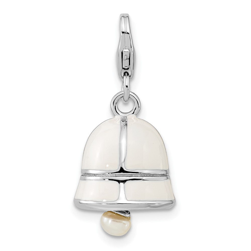 Amore La Vita Sterling Silver Rhodium-plated Polished 3-D Moveable Freshwater Cultured Pearl White Enameled Bell Charm wit...