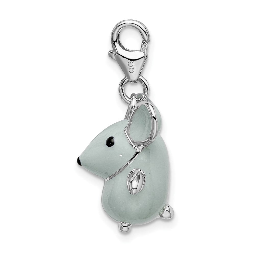 Amore La Vita Sterling Silver Rhodium-plated Polished 3-D Enameled Grey Mouse Charm with Fancy Lobster Clasp