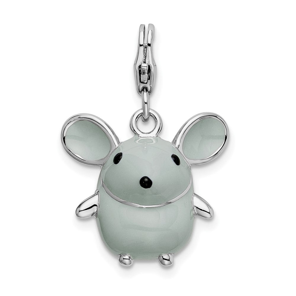 Amore La Vita Sterling Silver Rhodium-plated Polished 3-D Enameled Grey Mouse Charm with Fancy Lobster Clasp