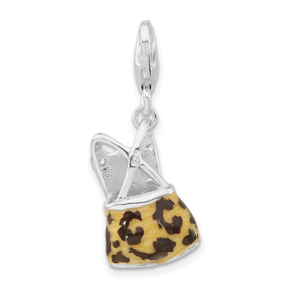 Sterling Silver Polished 3-D CZ Black & Tan Enameled Overalls w/Lobster Clasp Charm