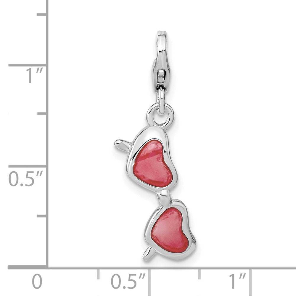 Amore La Vita Sterling Silver Rhodium-plated Polished 3-D Enameled Coral Heart Sunglasses Charm with Fancy Lobster Clasp