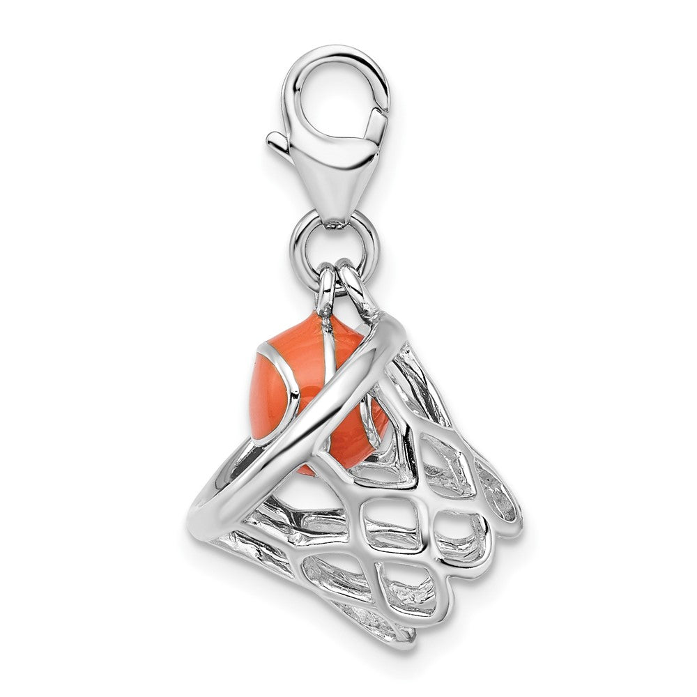 Sterling Silver 3-D Enameled Basketball in Net w/13mm Lobster Clasp Charm