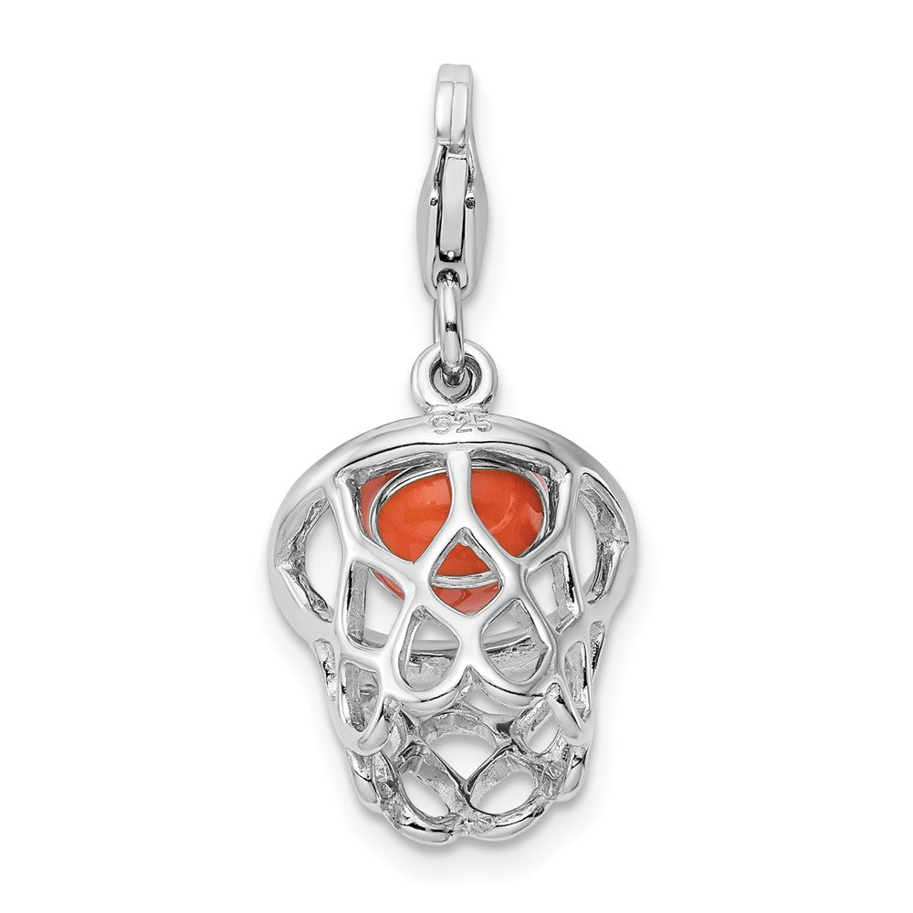 Sterling Silver 3-D Enameled Basketball in Net w/13mm Lobster Clasp Charm