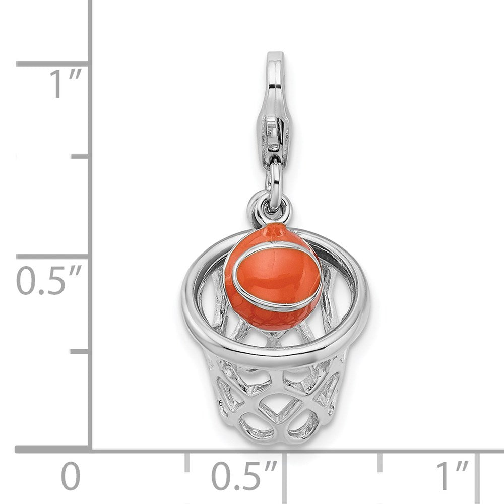 Sterling Silver 3-D Enameled Basketball in Net w/13mm Lobster Clasp Charm