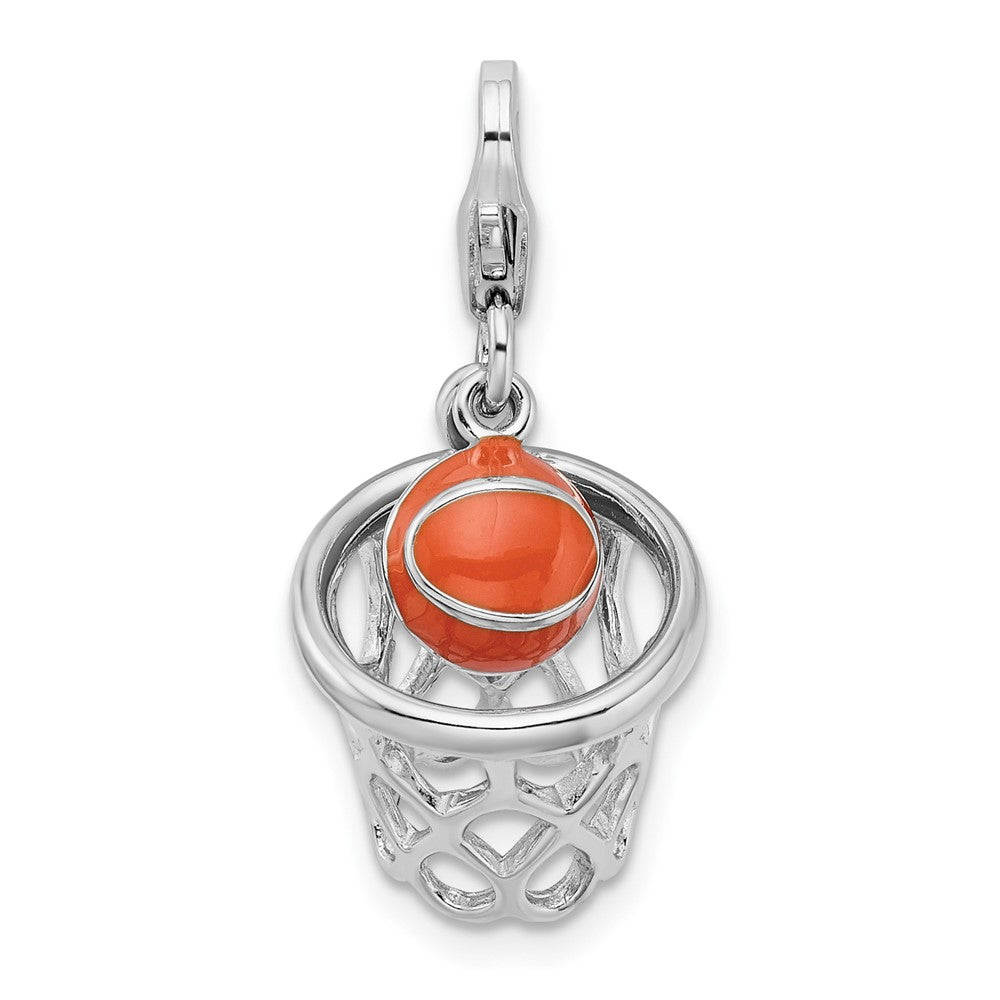 Sterling Silver 3-D Enameled Basketball in Net w/13mm Lobster Clasp Charm