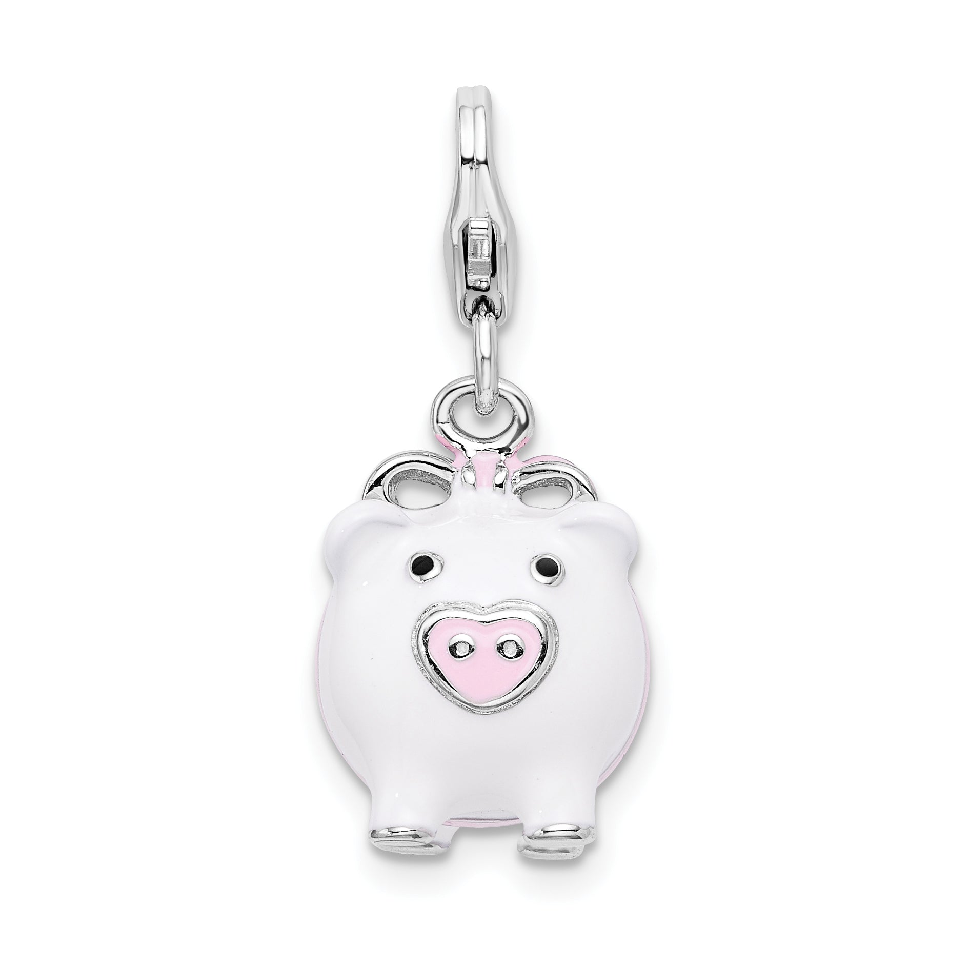 Sterling Silver 3-D Enameled Pig w/Lobster Clasp Charm QCC394