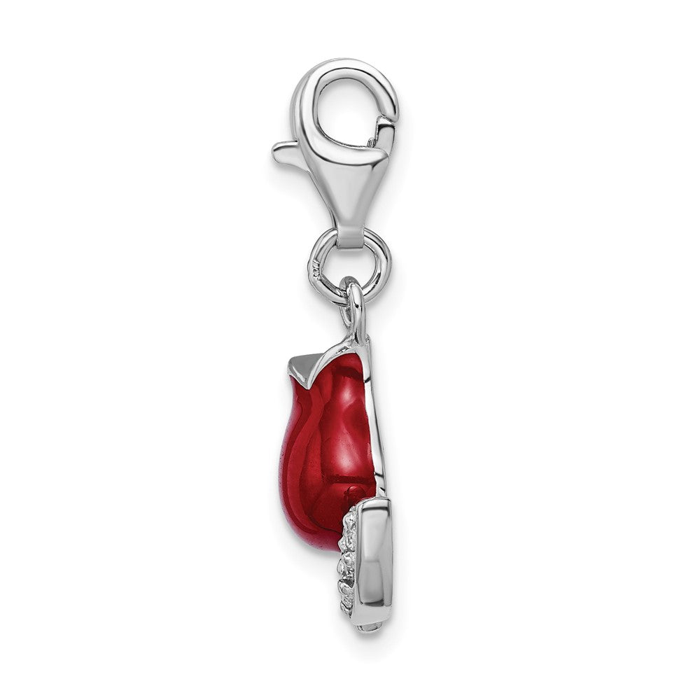 Amore La Vita Sterling Silver Rhodium-plated Polished CZ Red Enameled Tulip Flower Charm with Fancy Lobster Clasp