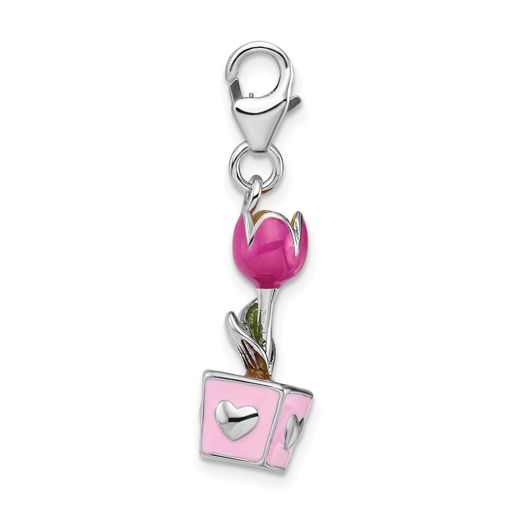 Amore La Vita Sterling Silver Rhodium-plated Polished 3-D Pink Enameled Potted Tulip Charm with Fancy Lobster Clasp