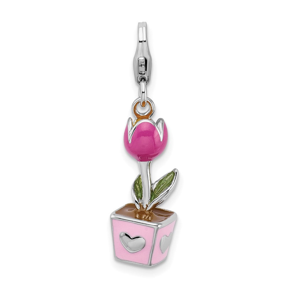 Amore La Vita Sterling Silver Rhodium-plated Polished 3-D Pink Enameled Potted Tulip Charm with Fancy Lobster Clasp