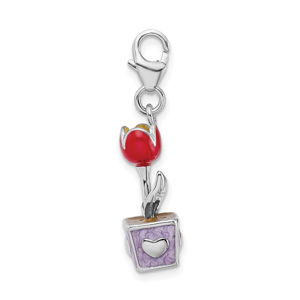 Amore La Vita Sterling Silver Rhodium-plated Polished 3-D Red Enameled Potted Tulip Flower Charm with Fancy Lobster Clasp