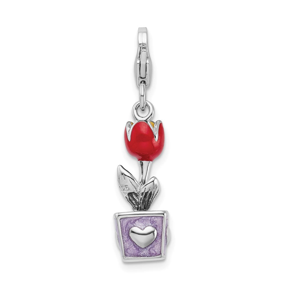 Amore La Vita Sterling Silver Rhodium-plated Polished 3-D Red Enameled Potted Tulip Flower Charm with Fancy Lobster Clasp