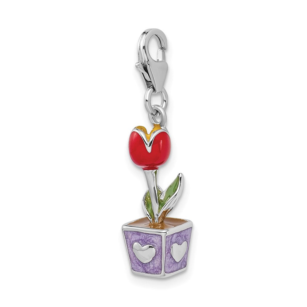 Amore La Vita Sterling Silver Rhodium-plated Polished 3-D Red Enameled Potted Tulip Flower Charm with Fancy Lobster Clasp