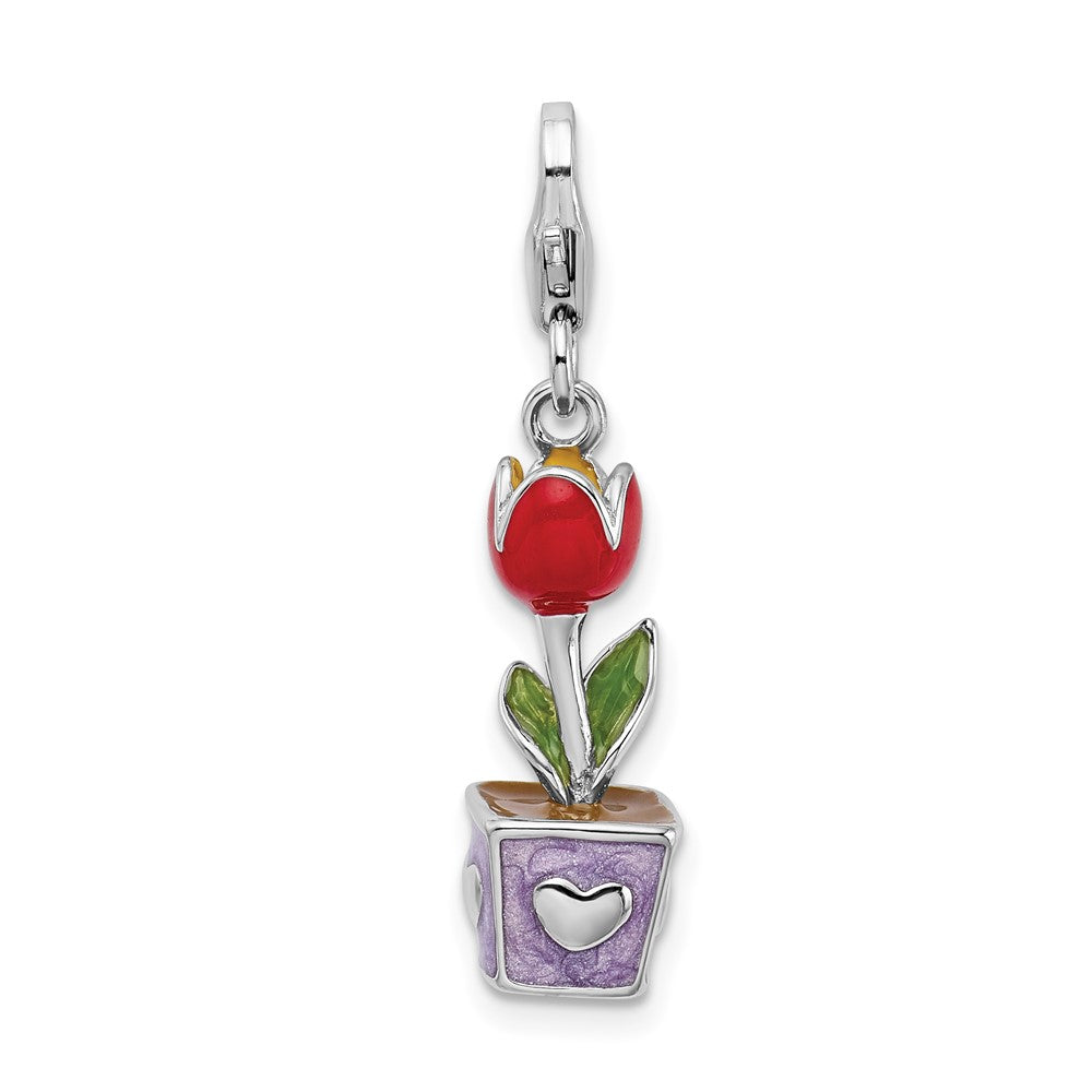 Amore La Vita Sterling Silver Rhodium-plated Polished 3-D Red Enameled Potted Tulip Flower Charm with Fancy Lobster Clasp