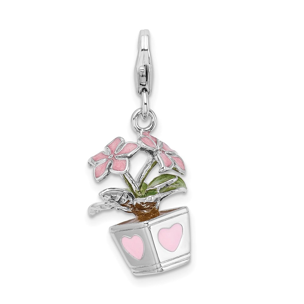 Amore La Vita Sterling Silver Rhodium-plated Polished 3-D Enameled Potted Flowers Charm with Fancy Lobster Clasp