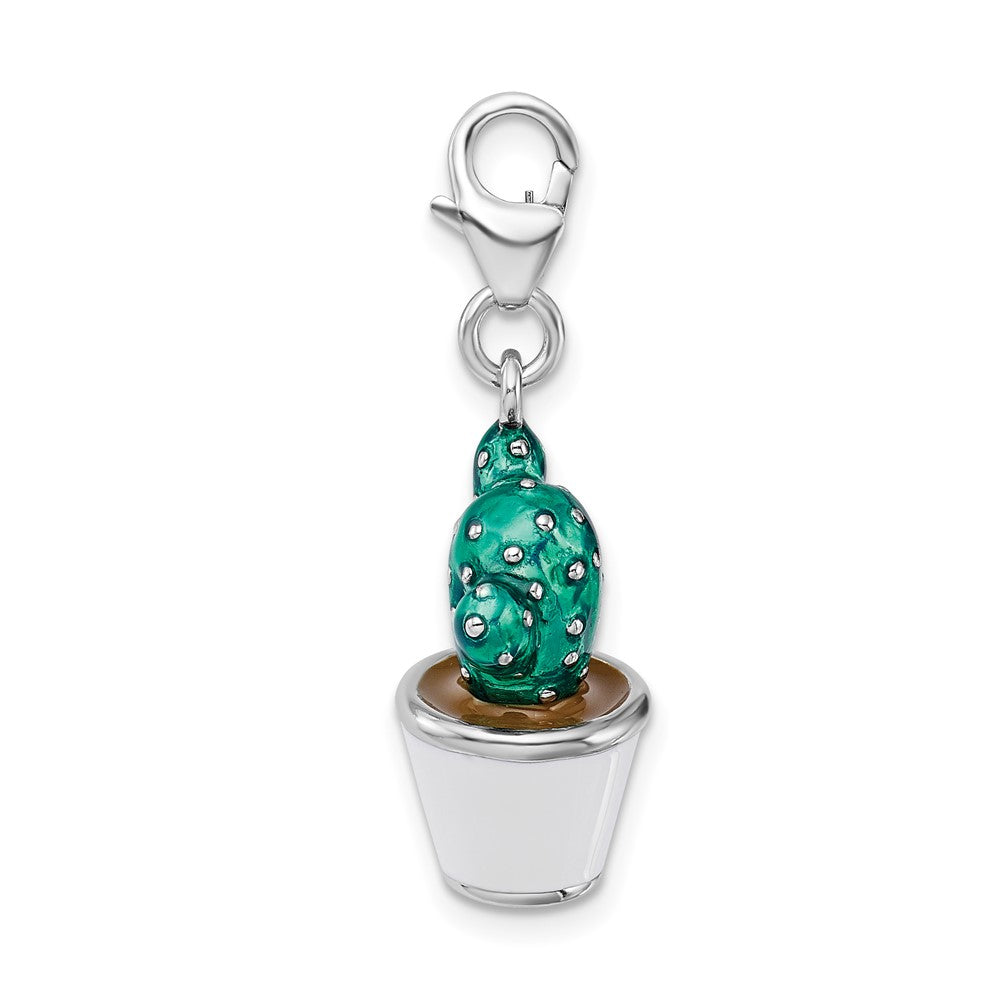 Amore La Vita Sterling Silver Rhodium-plated Polished 3-D Enameled Potted Green Cactus Charm with Fancy Lobster Clasp