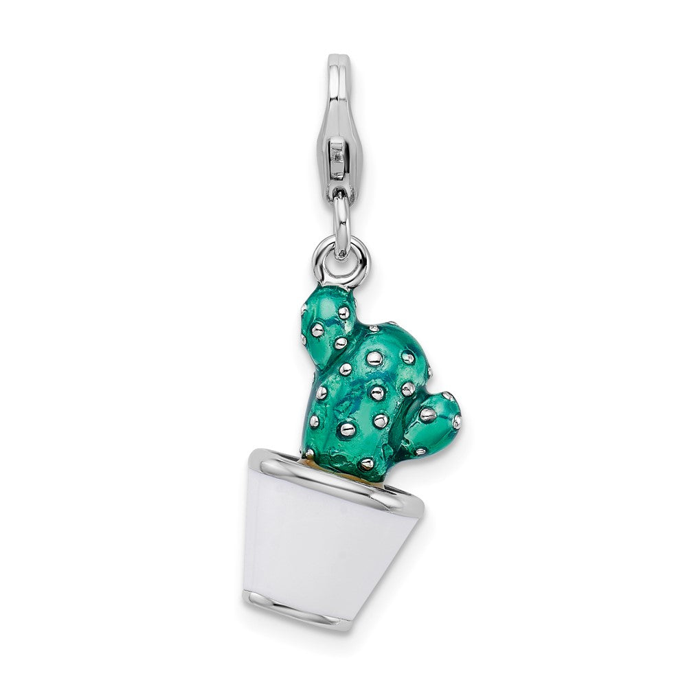 Amore La Vita Sterling Silver Rhodium-plated Polished 3-D Enameled Potted Green Cactus Charm with Fancy Lobster Clasp