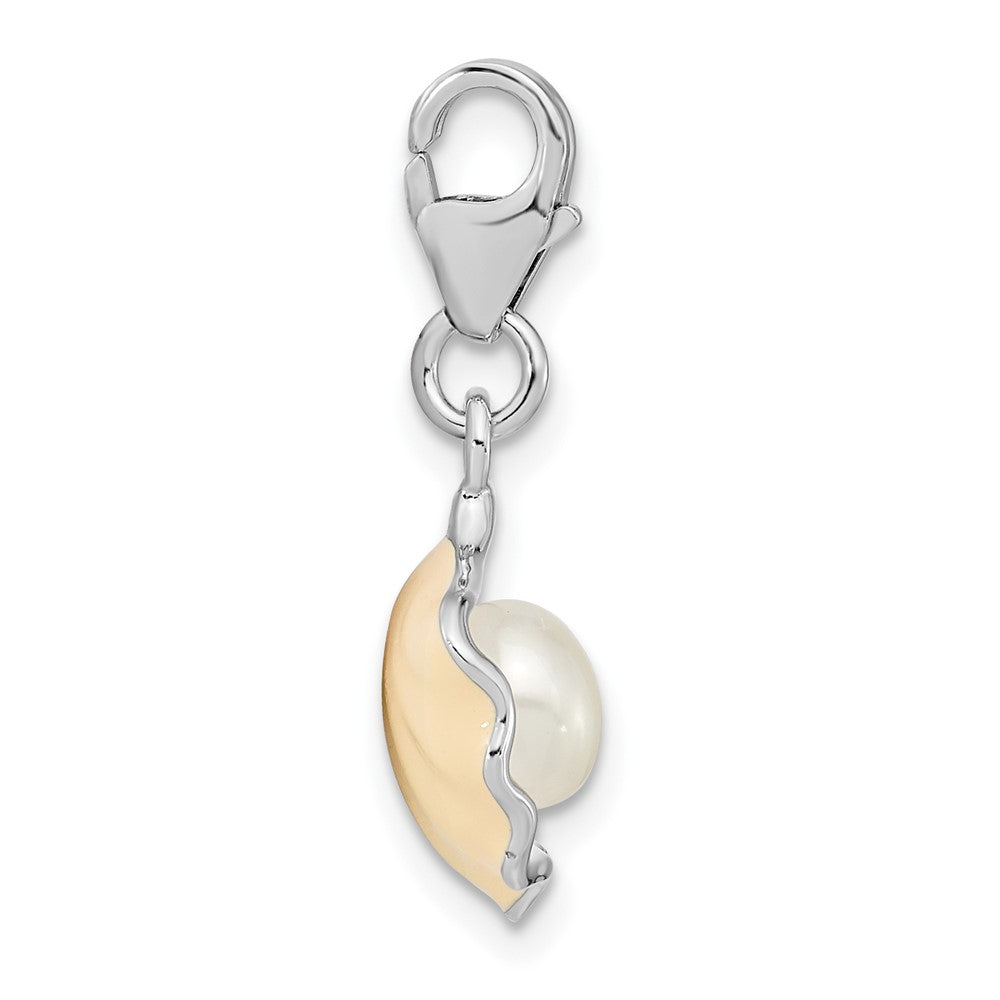 Amore La Vita Sterling Silver Rhodium-plated Polished 3-D Enameled Shell with a Freshwater Cultured Pearl Charm with Fancy...