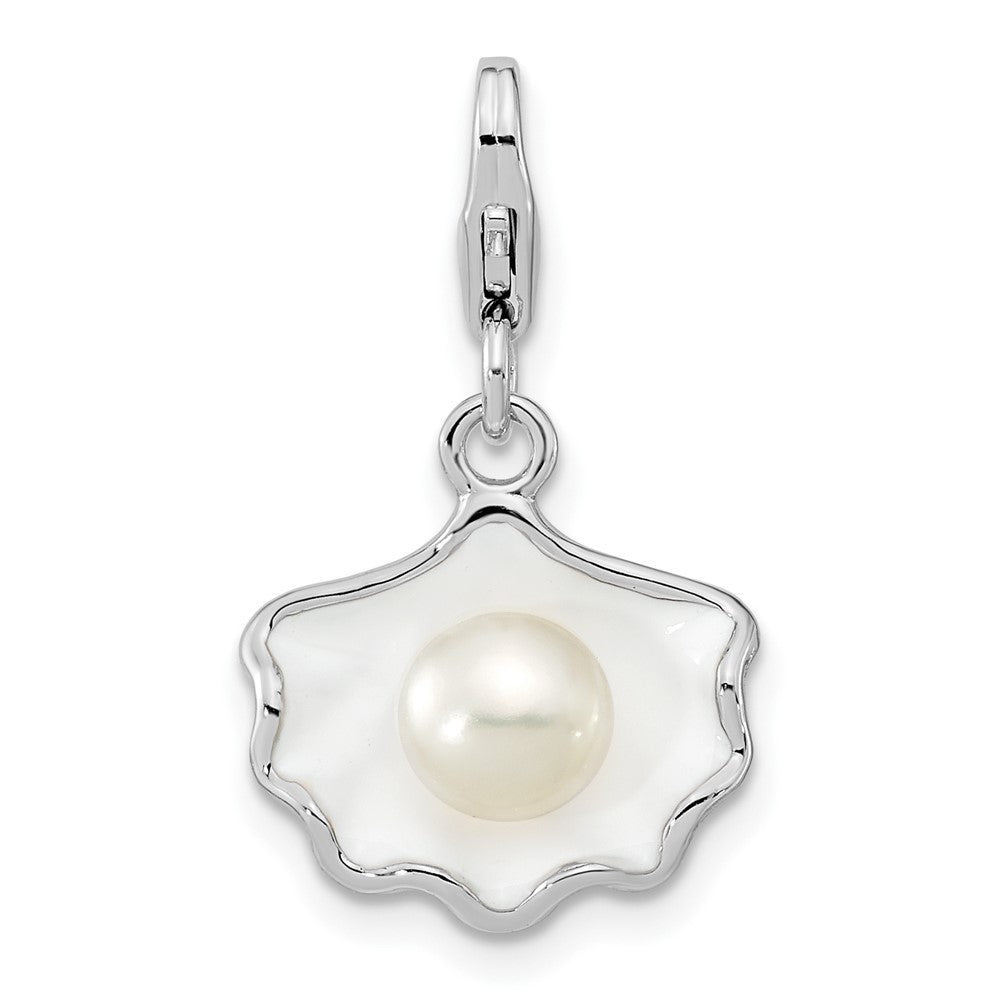 Amore La Vita Sterling Silver Rhodium-plated Polished 3-D Enameled Shell with a Freshwater Cultured Pearl Charm with Fancy...