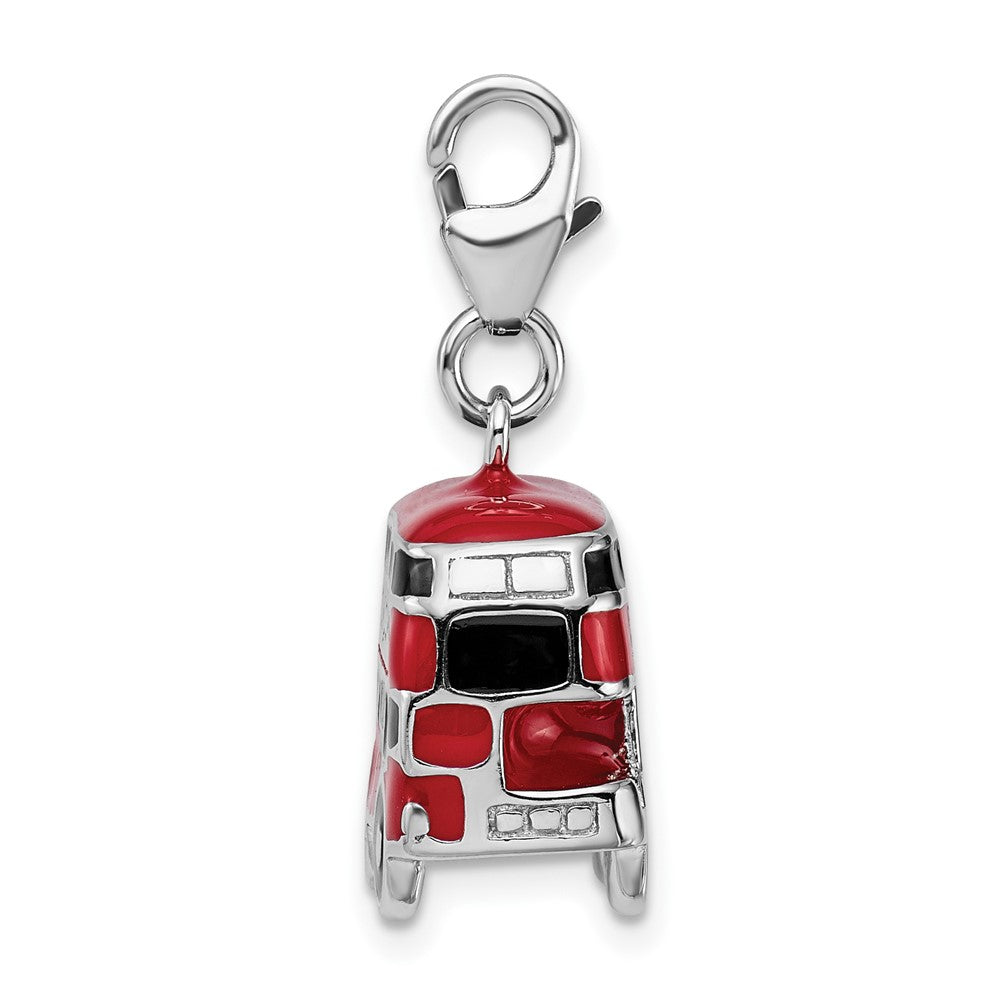 Amore La Vita Sterling Silver Rhodium-plated Polished 3-D Enameled Double Decker London Bus Charm with Fancy Lobster Clasp