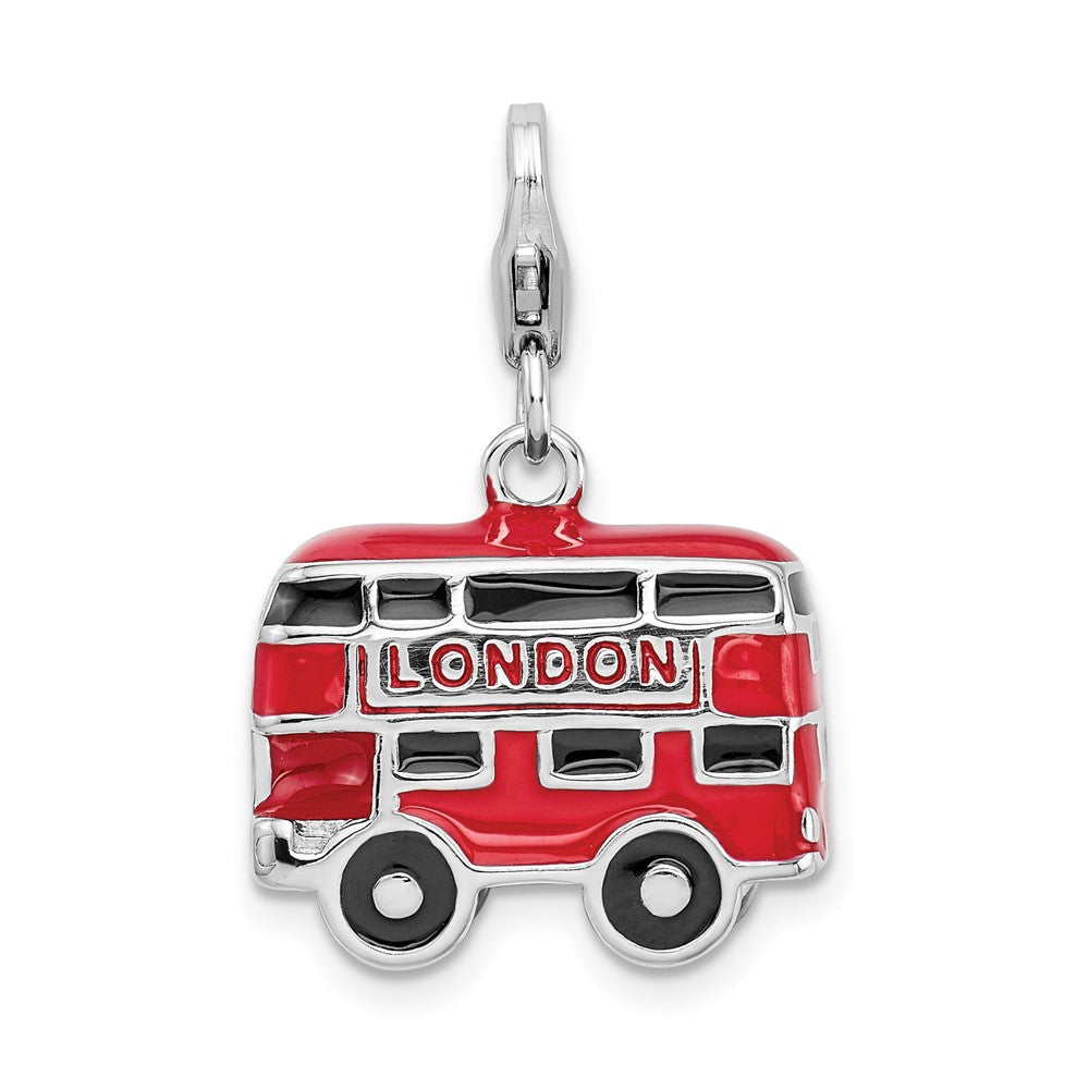 Amore La Vita Sterling Silver Rhodium-plated Polished 3-D Enameled Double Decker London Bus Charm with Fancy Lobster Clasp