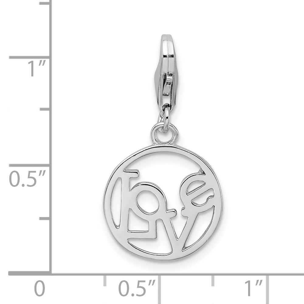 Amore La Vita Sterling Silver Rhodium-plated Polished LOVE in Open Circle Charm with Fancy Lobster Clasp