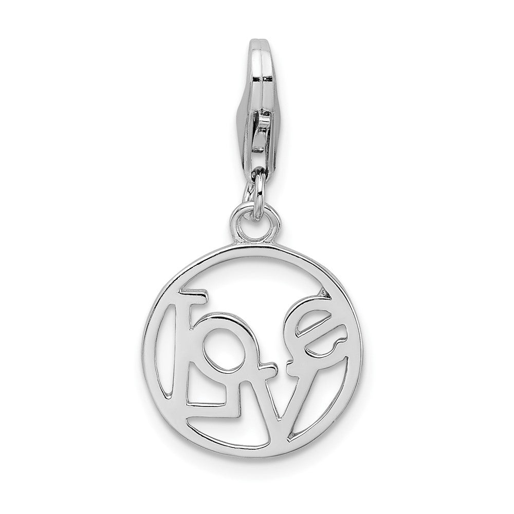 Amore La Vita Sterling Silver Rhodium-plated Polished LOVE in Open Circle Charm with Fancy Lobster Clasp