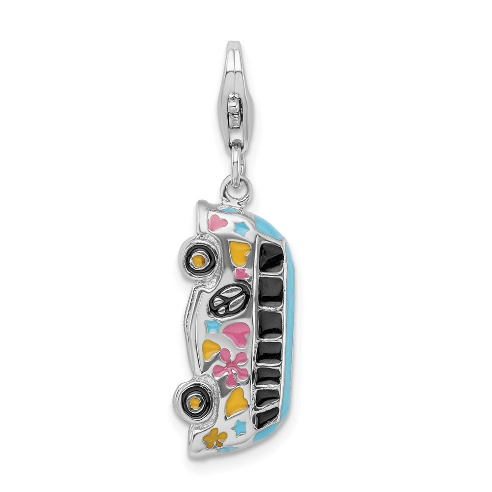 Amore La Vita Sterling Silver Rhodium-plated Polished 3-D Enameled Hippie Bus Charm with Fancy Lobster Clasp