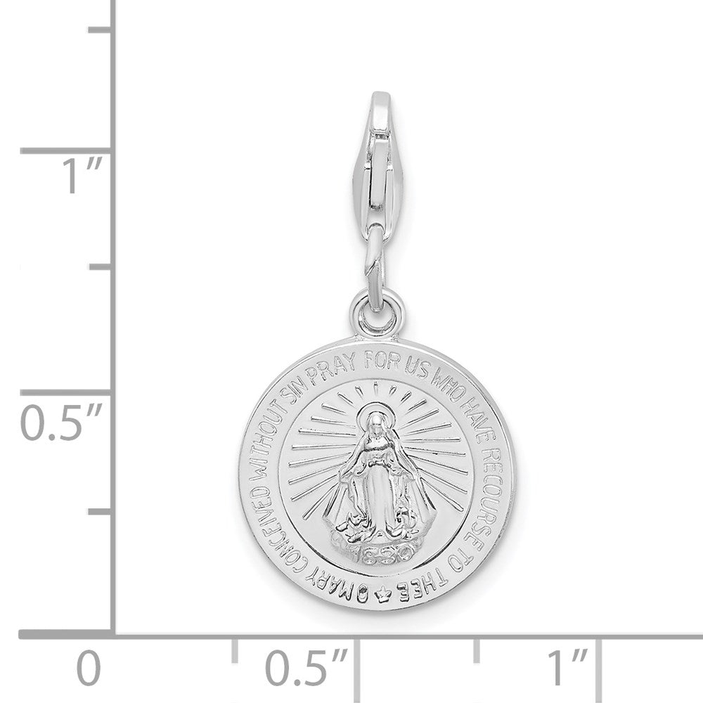 Amore La Vita Sterling Silver Rhodium-plated Polished Miraculous Medal Charm with Fancy Lobster Clasp