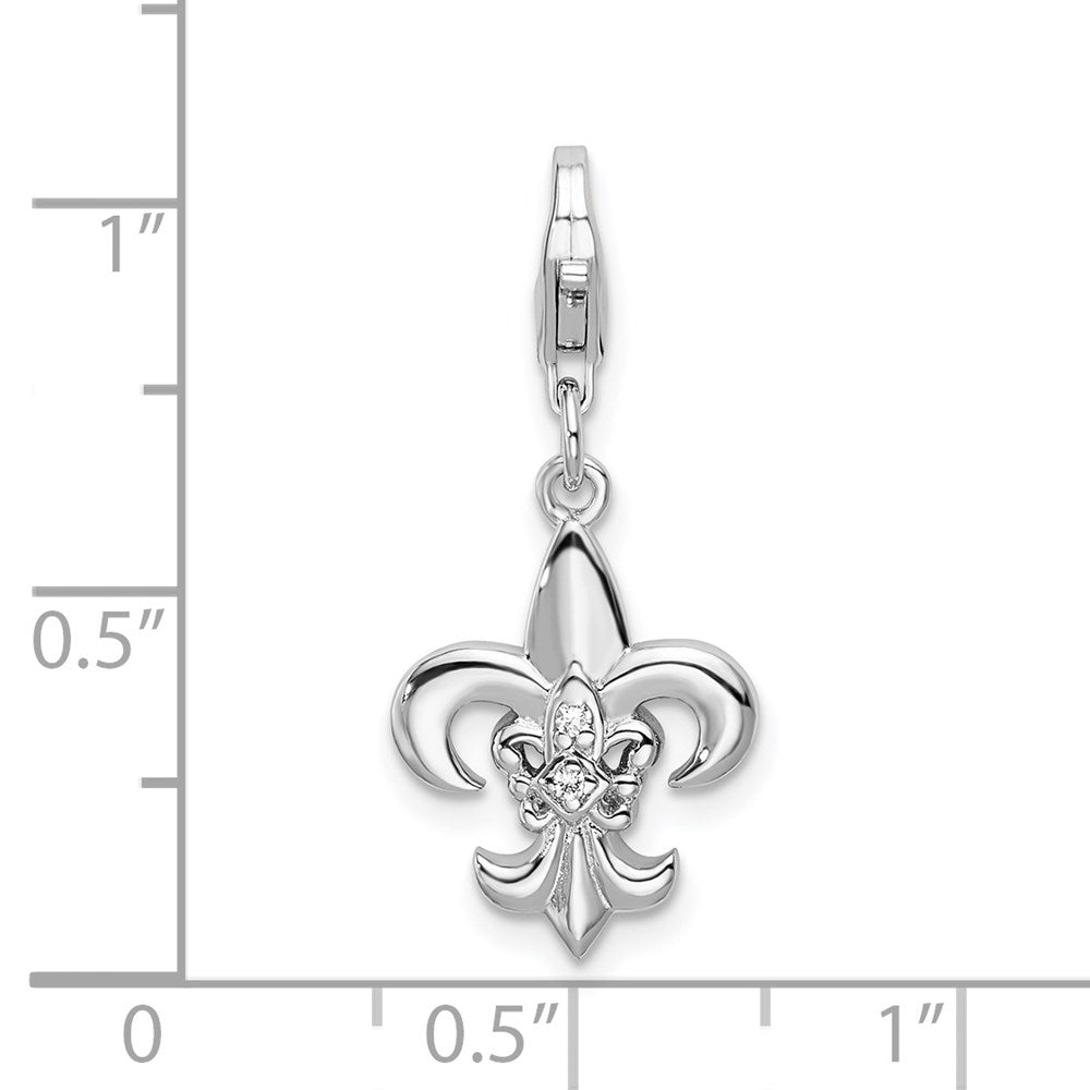 Amore La Vita Sterling Silver Rhodium-plated Polished CZ Fleur de Lis Charm with Fancy Lobster Clasp