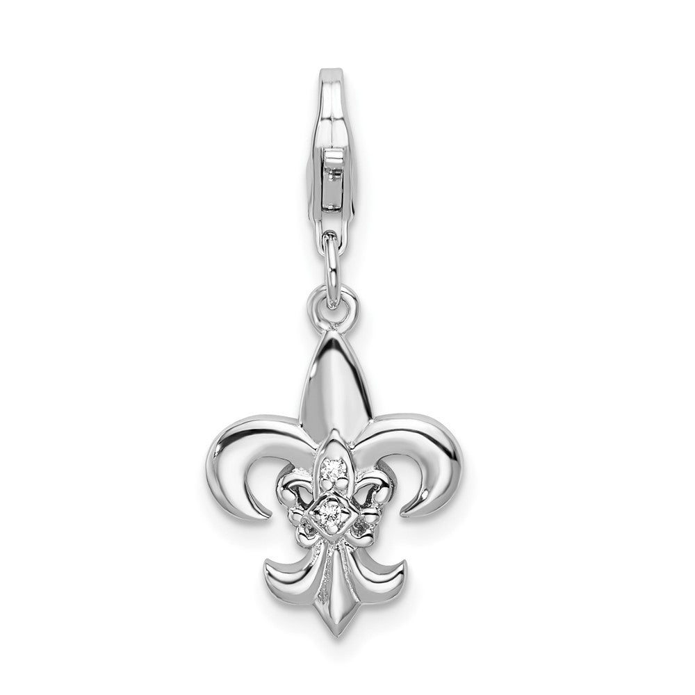 Amore La Vita Sterling Silver Rhodium-plated Polished CZ Fleur de Lis Charm with Fancy Lobster Clasp