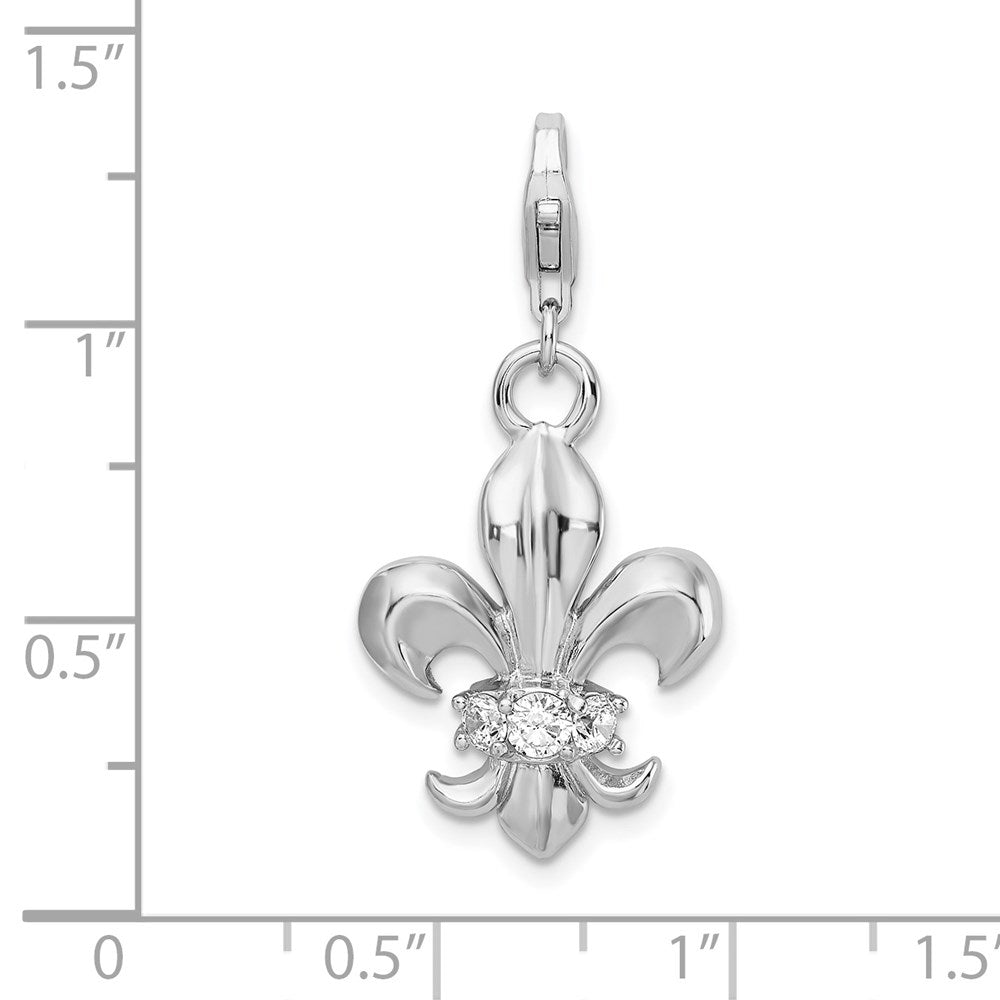 Amore La Vita Sterling Silver Rhodium-plated Polished CZ Fleur De Lis Charm with Fancy Lobster Clasp