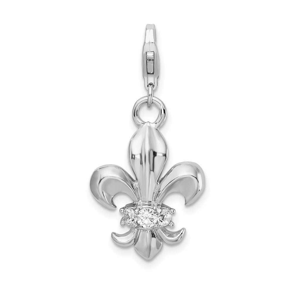 Amore La Vita Sterling Silver Rhodium-plated Polished CZ Fleur De Lis Charm with Fancy Lobster Clasp