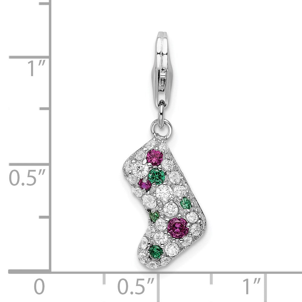 Amore La Vita Sterling Silver Rhodium-plated Polished Green Red and White CZ Stocking Charm with Fancy Lobster Clasp