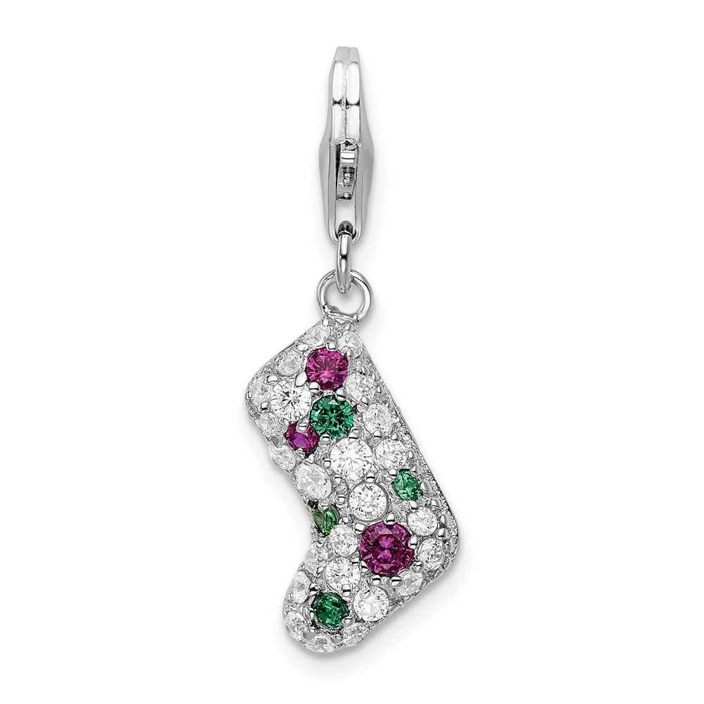 Amore La Vita Sterling Silver Rhodium-plated Polished Green Red and White CZ Stocking Charm with Fancy Lobster Clasp