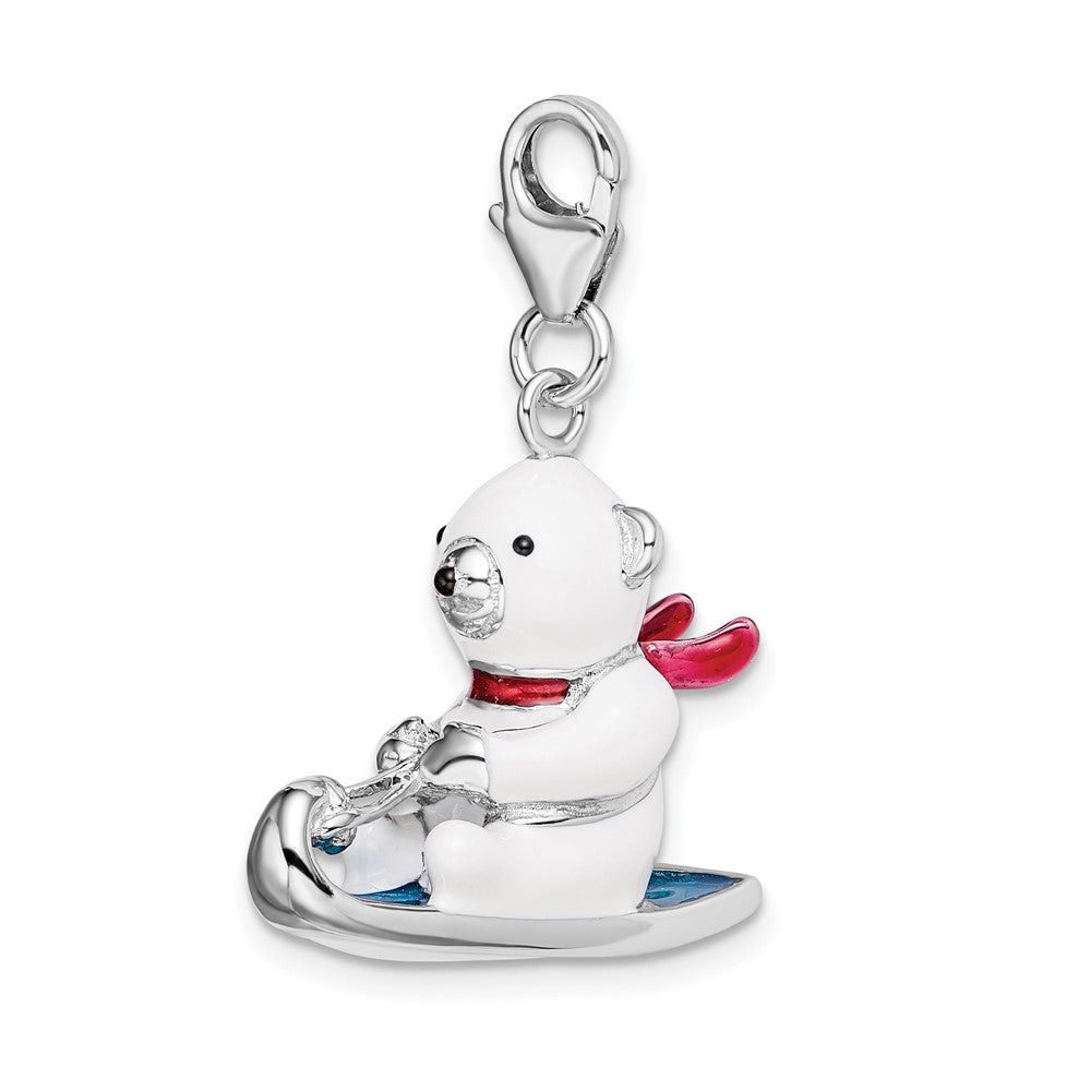 Sterling Silver 3-D Enameled Polar Bear on Sled w/Lobster Clasp Charm