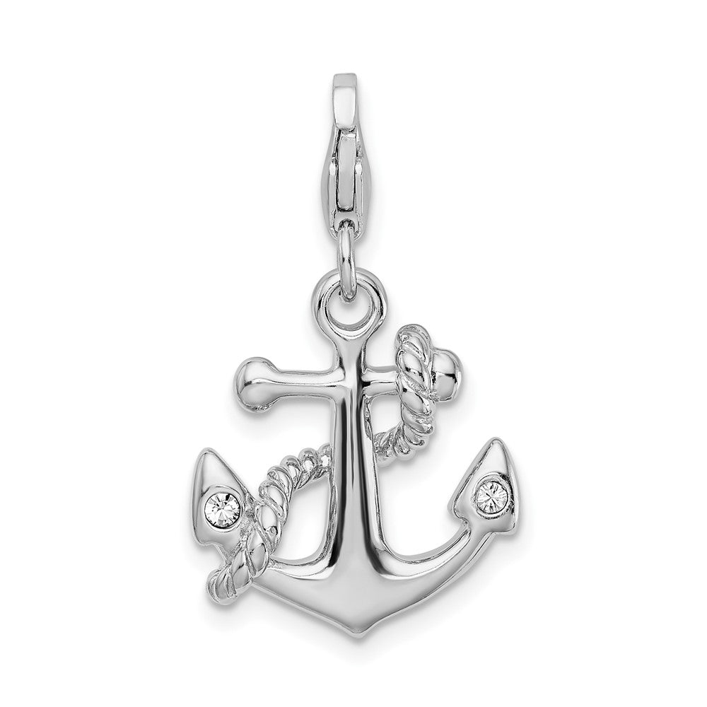 Sterling Silver Polished 3-D CZ Anchor with Lobster Clasp Charm