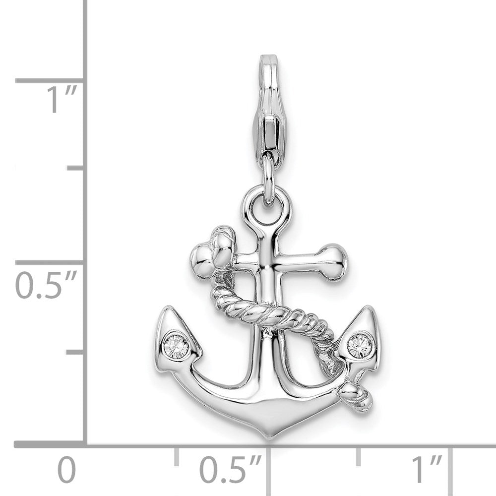 Sterling Silver Polished 3-D CZ Anchor with Lobster Clasp Charm