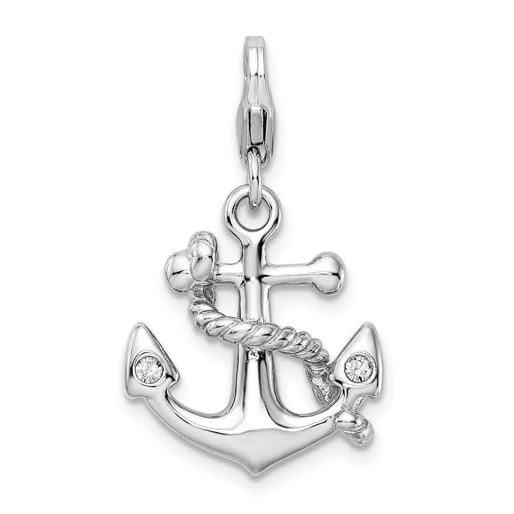 Sterling Silver Polished 3-D CZ Anchor with Lobster Clasp Charm