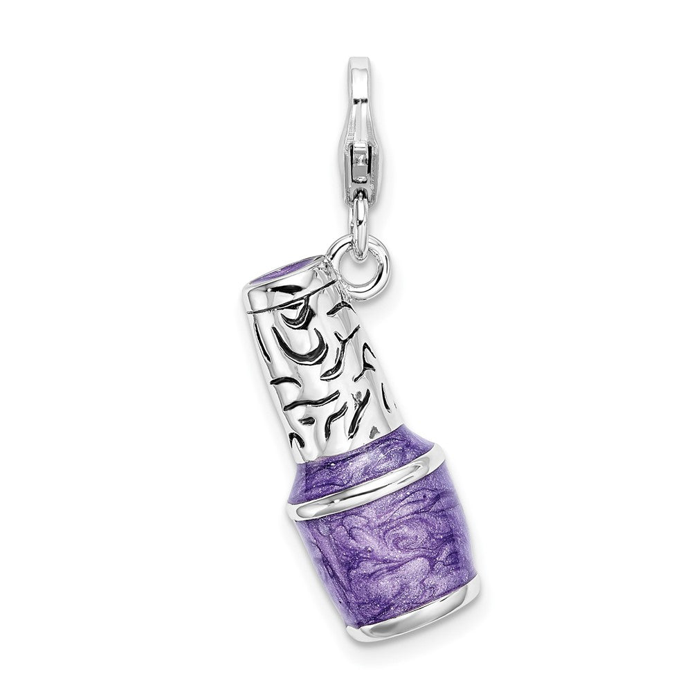 Amore La Vita Sterling Silver Rhodium-plated Polished 3-D Enameled Purple Nail Polish Bottle Charm with Fancy Lobster Clasp