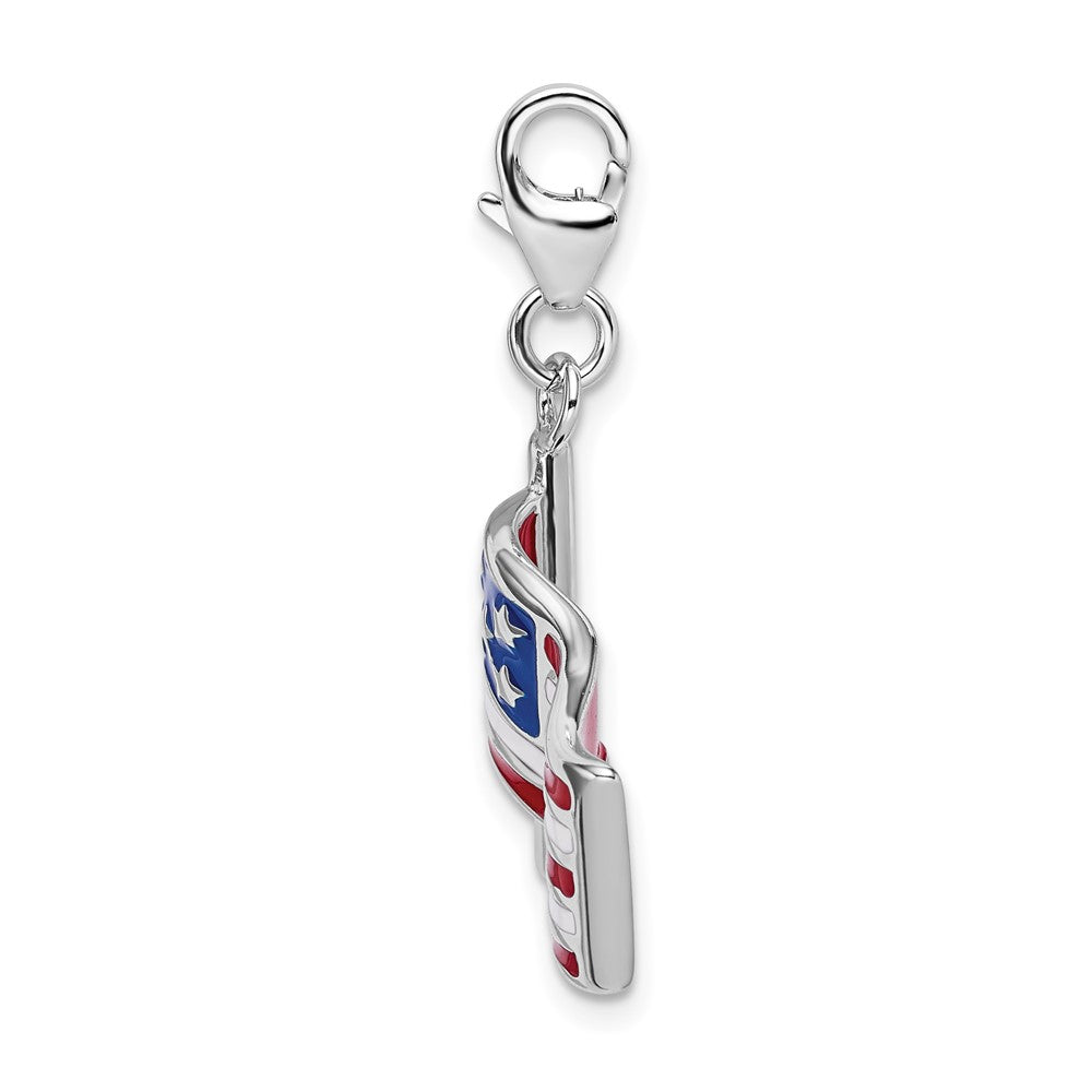 Amore La Vita Sterling Silver Rhodium-plated Polished Reversible Enameled American Flag Charm with Fancy Lobster Clasp