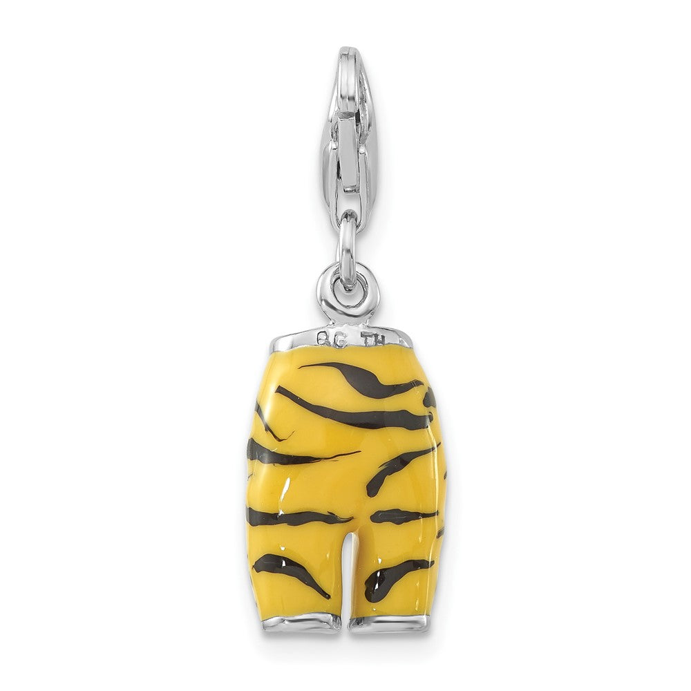 Sterling Silver 3-D Polished CZ Yellow/Black Enamel Tiger Pants Charm w/ Lobster Clasp