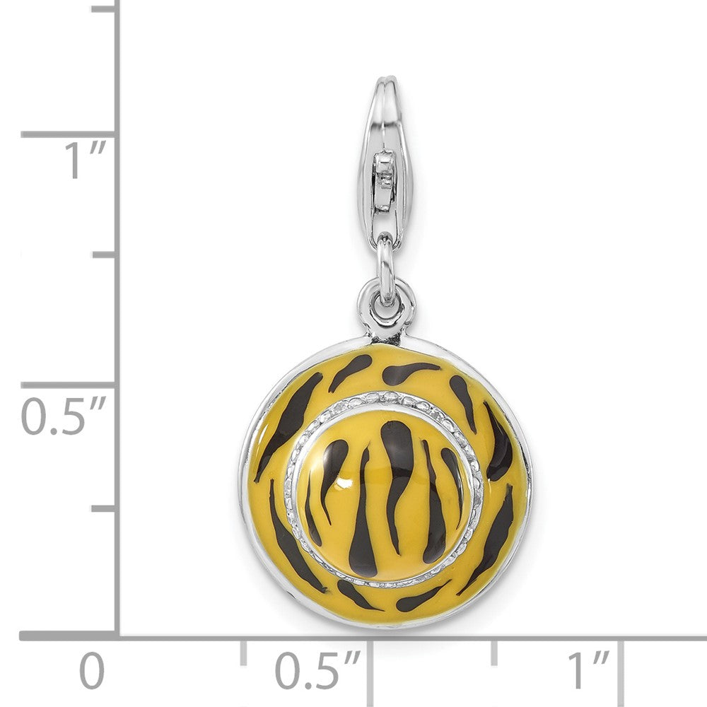 Sterling Silver 3-D Polished CZ Yellow/Black Enamel Tiger Hat Charm w/ Lobster Clasp