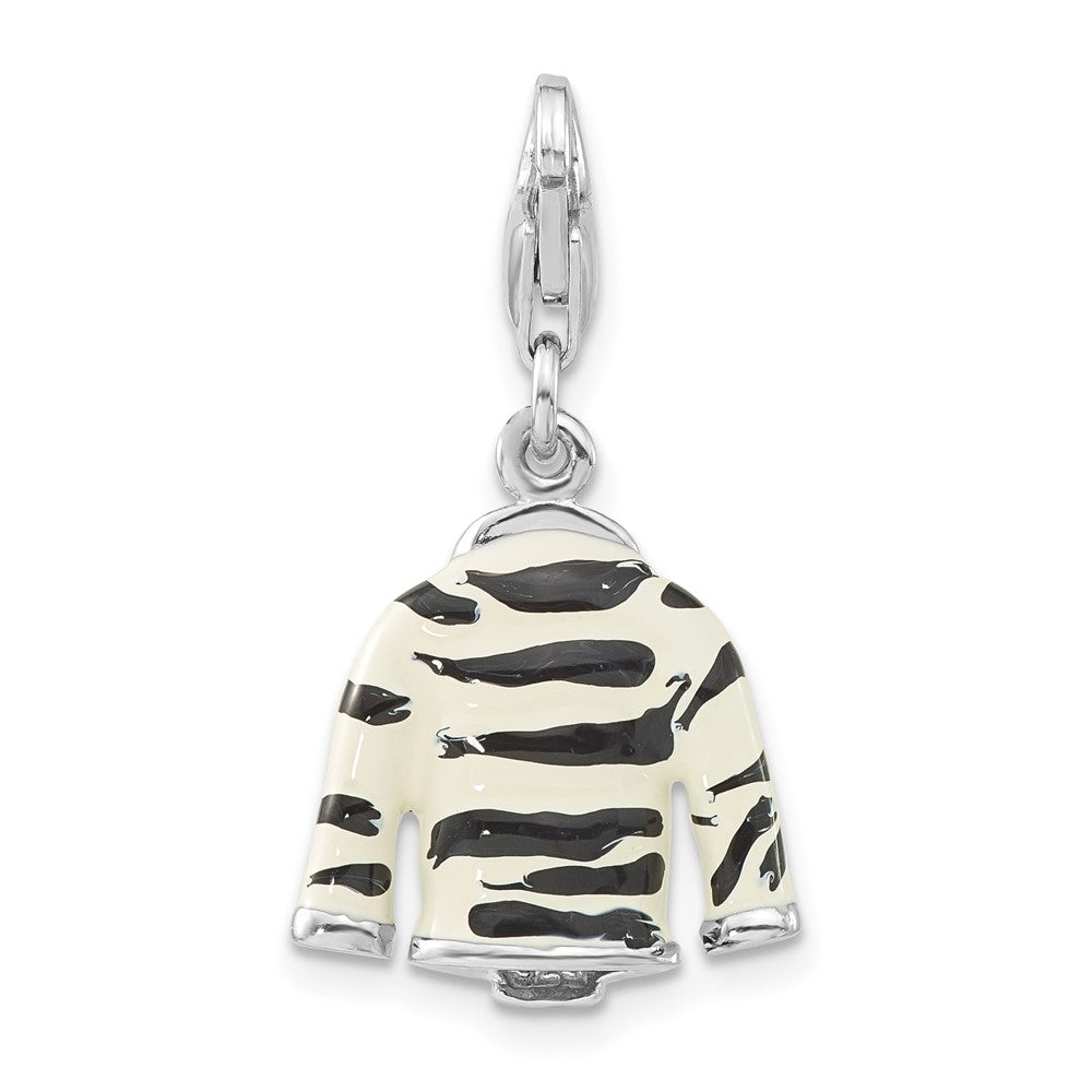 Sterling Silver Polished 3-D CZ & Black/White Enamel Zebra Jacket w/ Lobster Clasp Charm