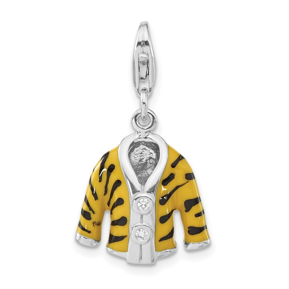 Sterling Silver Polished 3-D CZ & Black/Yellow Enamel Tiger Jacket w/ Lobster Clasp Charm