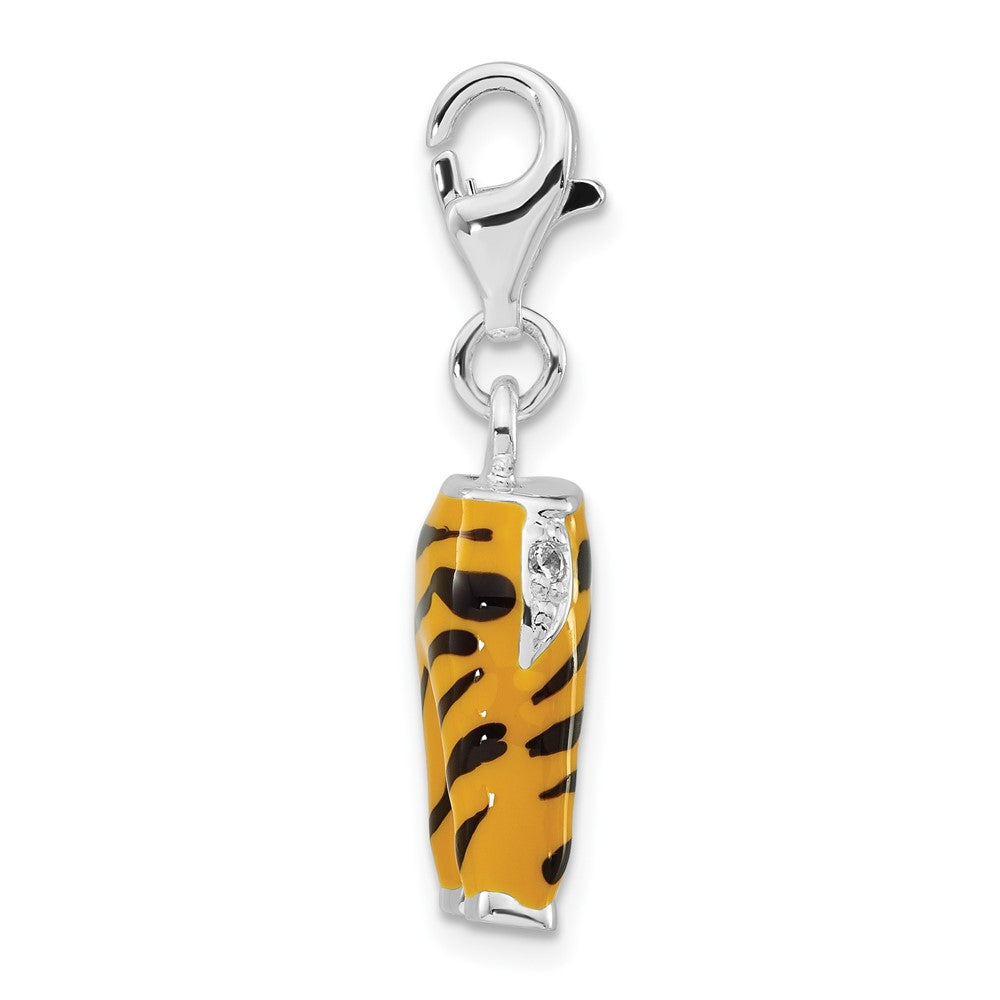 Sterling Silver Polished 3-D CZ & Black/Yellow Enamel Tiger Pants w/ Lobster Clasp Charm