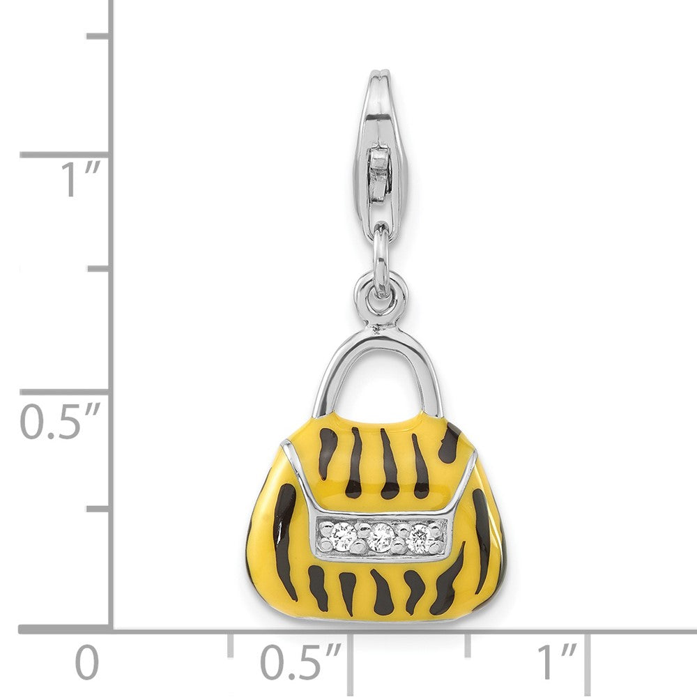 Sterling Silver 3-D Polished CZ Yellow/Black Enamel Tiger Purse w/ Lobster Clasp Charm